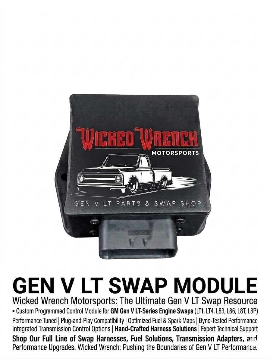 Shop the Wicked Wrench Pro-Series Gen V LT Standalone Swap Module. Plug-and-play integration for GM LT1, LT4, L83, L86, L8T, and L8P engine swaps. Features integrated PWM alternator control, tap shift support, and AC safety logic for custom hot rods and muscle cars. Built in the USA.