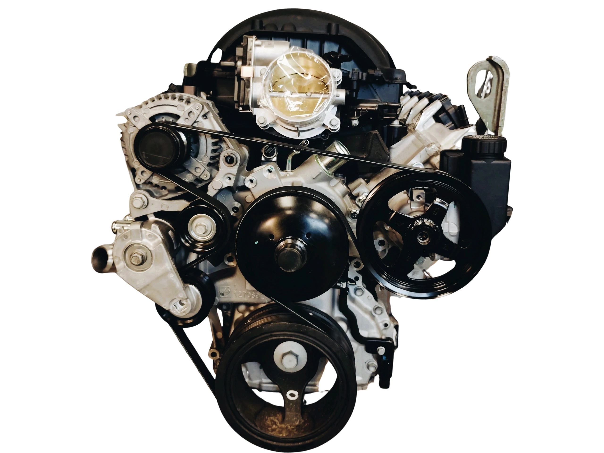 Wicked Wrench Motorsports Gen V LT engine front view highlighting the truck style serpentine accessory drive pulley layout