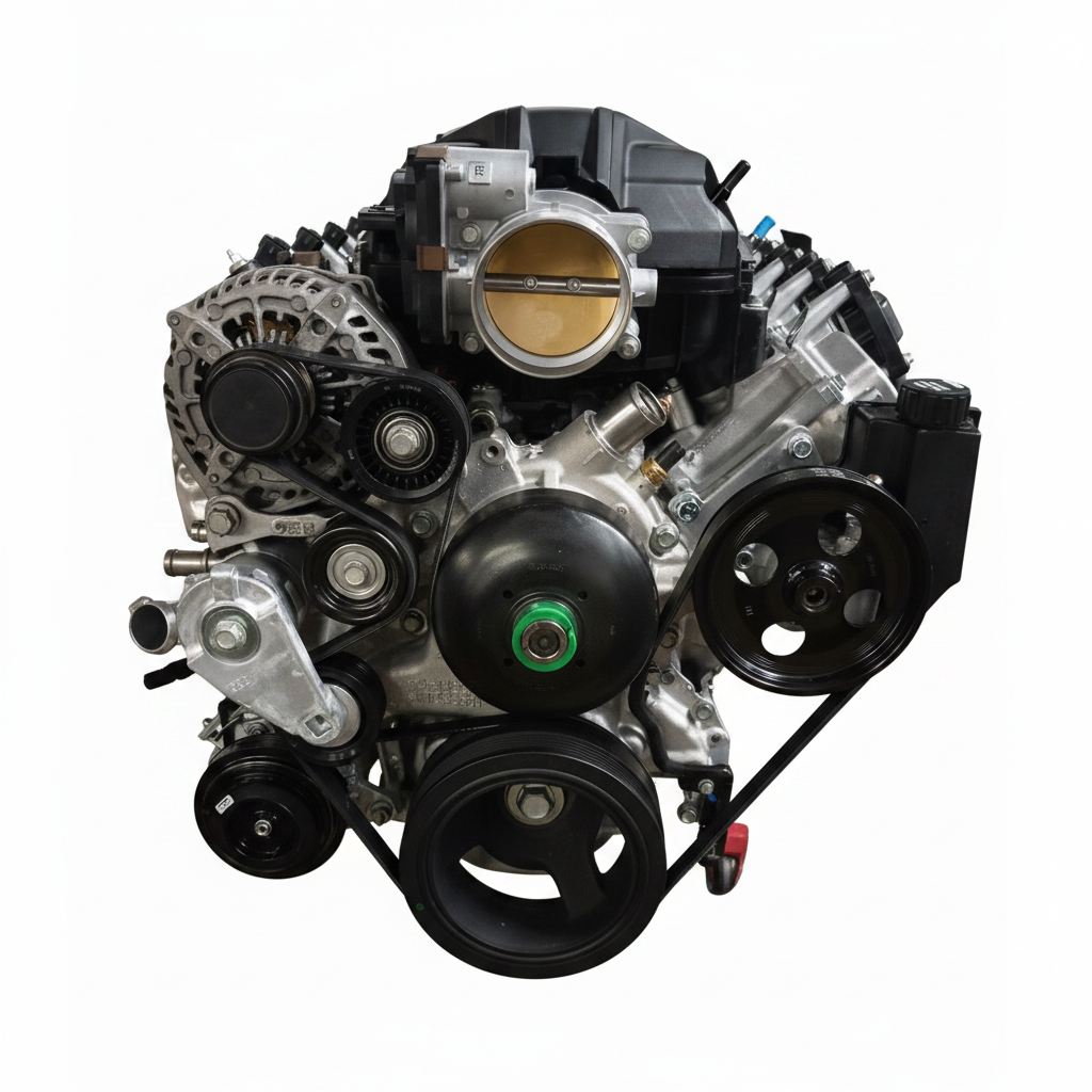 GM Gen V LT1 6.2L V8 complete pullout engine with accessory drive, professional studio photography on white background