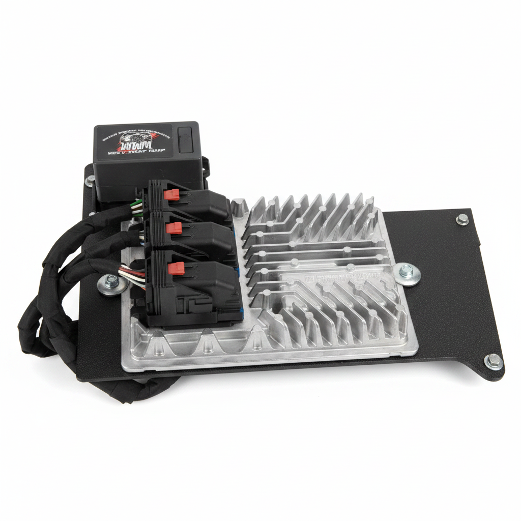 GM Gen V LT ECM and fuse block bracket assembly, black powder-coated steel, white background studio photography