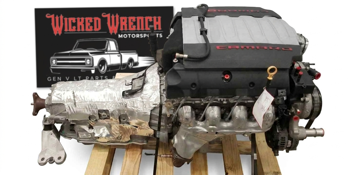 Wicked Wrench Motorsports turnkey Gen V LT1 engine with 10-speed 10L80 2WD automatic transmission swap package on a shipping pallet.