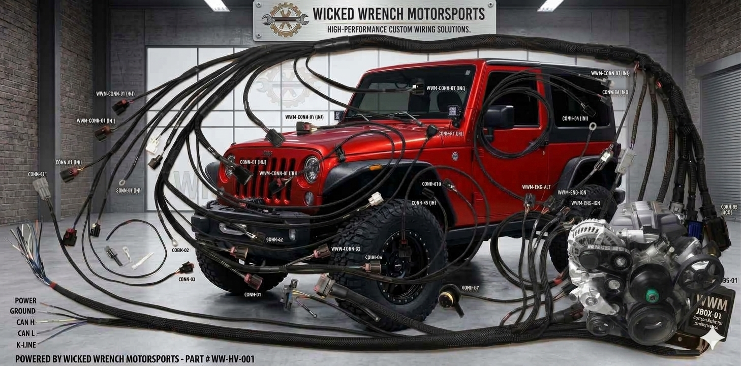 Wicked Wrench Pro-Series Gen V GM LT V8 engine swap integration wiring harness blueprint overlay diagram featuring a red custom Jeep Wrangler JK JKU and a 6.2L engine in a professional performance garage setting.