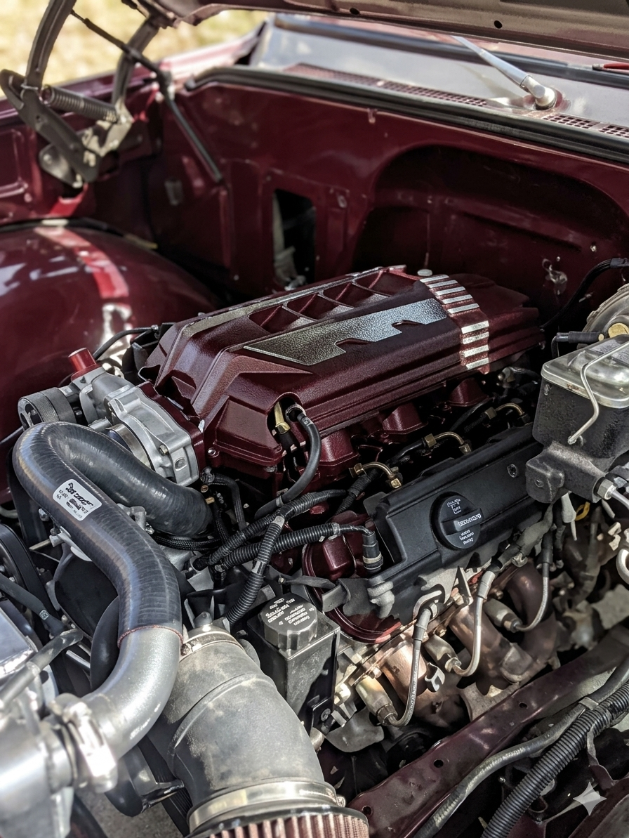 Wicked Wrench Motorsports custom Gen V LT engine swap with a color-matched maroon intake manifold and valve covers cleanly integrated inside a maroon truck engine bay