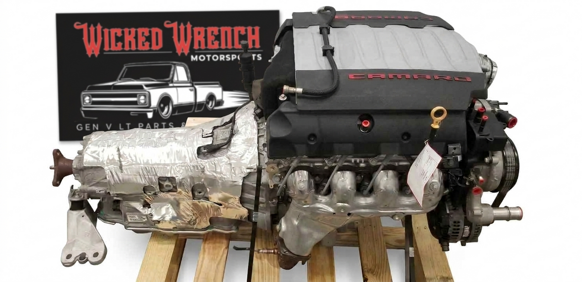 Wicked Wrench Motorsports turnkey Gen V LT1 engine with 10-speed 10L80 2WD automatic transmission swap package on a shipping pallet.