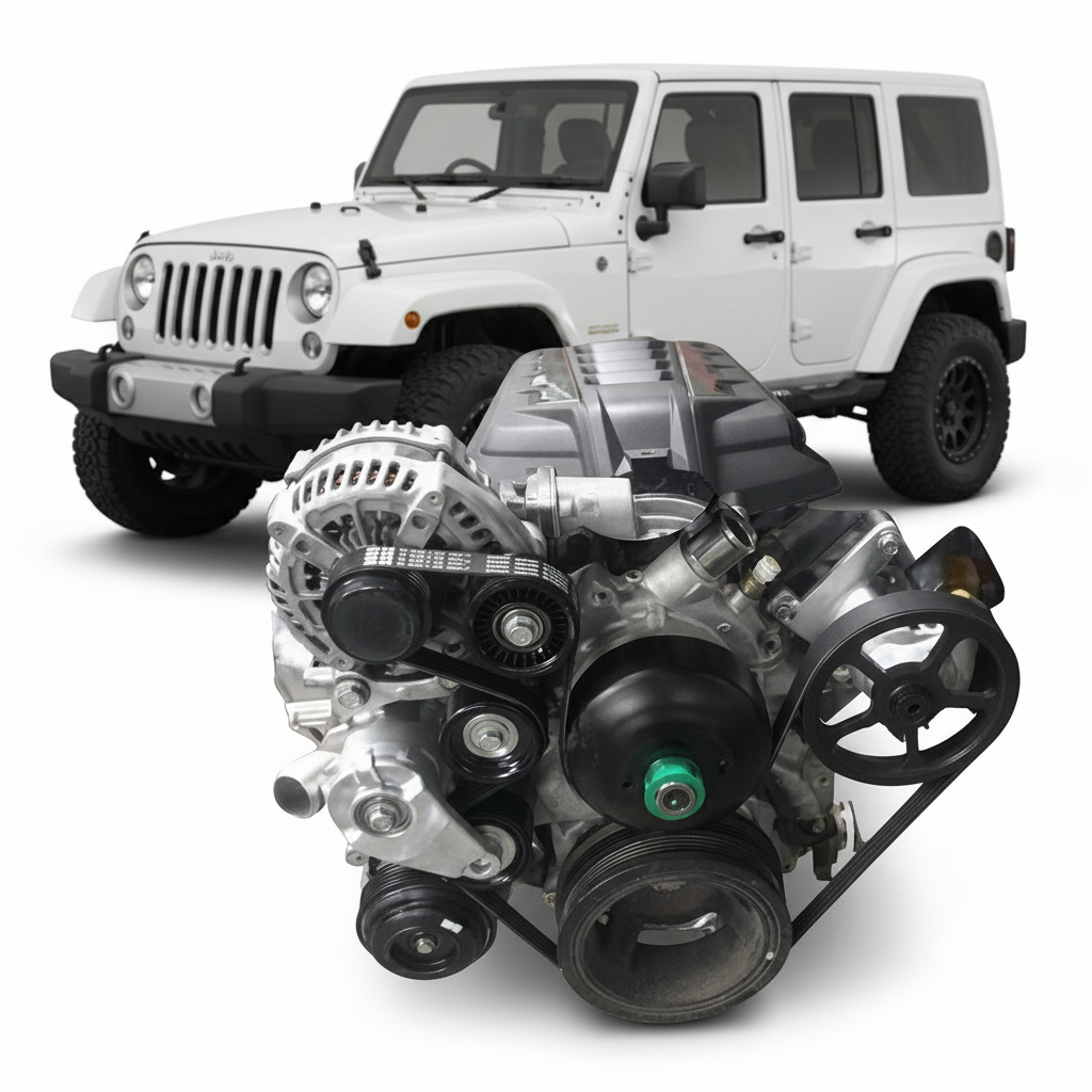 Gen V GM LT V8 engine in the foreground with a white Jeep Wrangler JKU — Wicked Wrench Motorsports complete Gen V LT swap install kit for Jeep JK/JKU