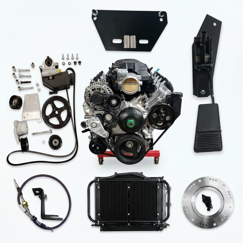 Flat lay of all components included in the Wicked Wrench Motorsports Gen V LT swap install kit for Jeep JK/JKU