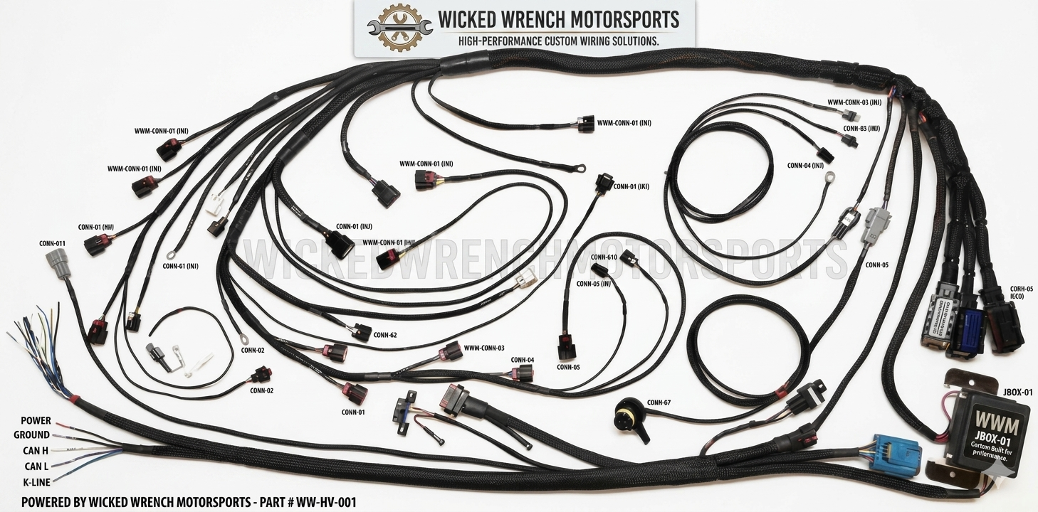 Wicked Wrench Pro-Series Gen V LT Standalone Wiring Harness component for Jeep JK JKU V8 swap integration builds