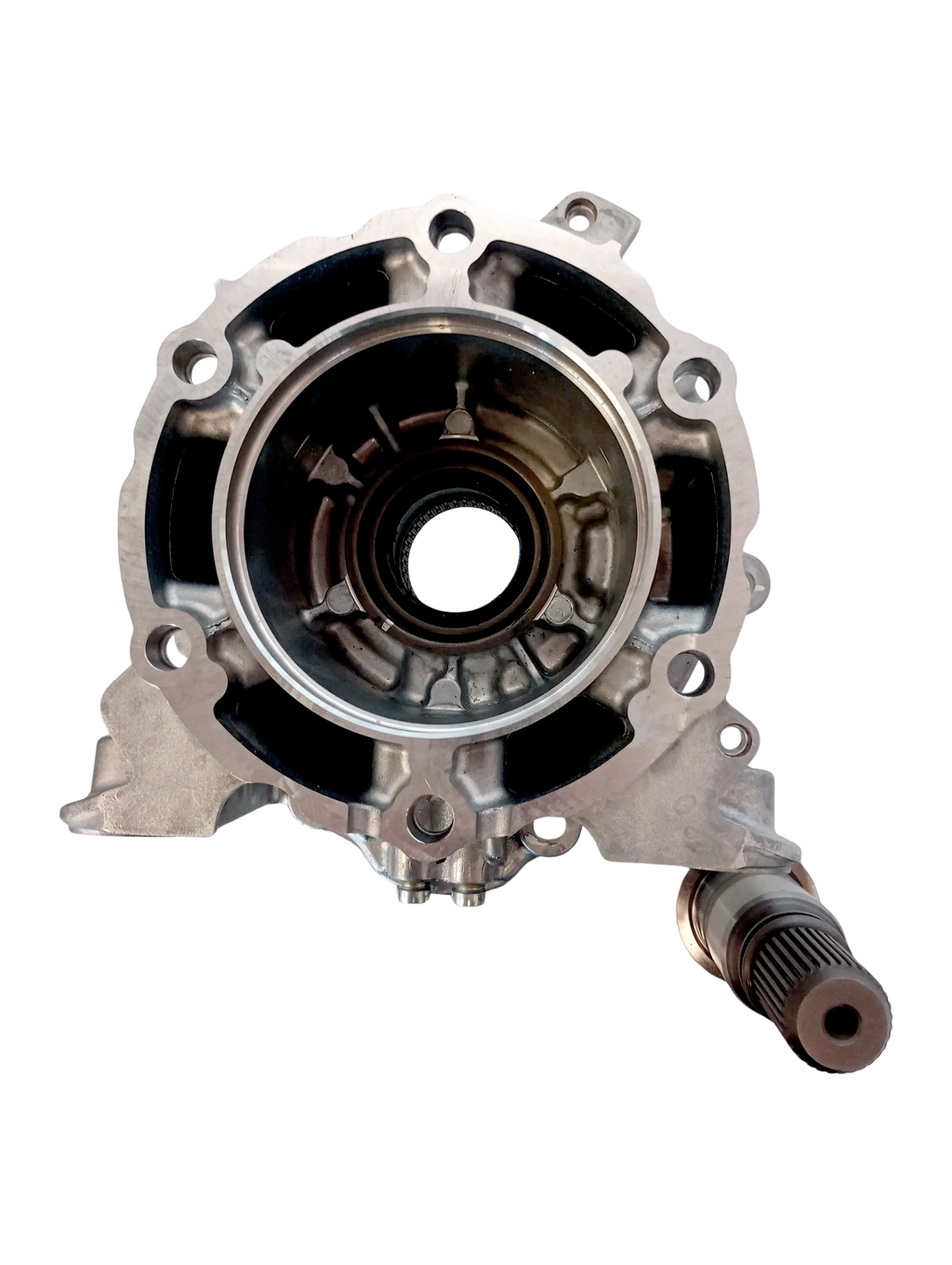 Wicked Wrench Motorsports 8L90 fourbyfour transmission conversion kit showing internal tailhousing layout and output shaft profiling on a shop bench