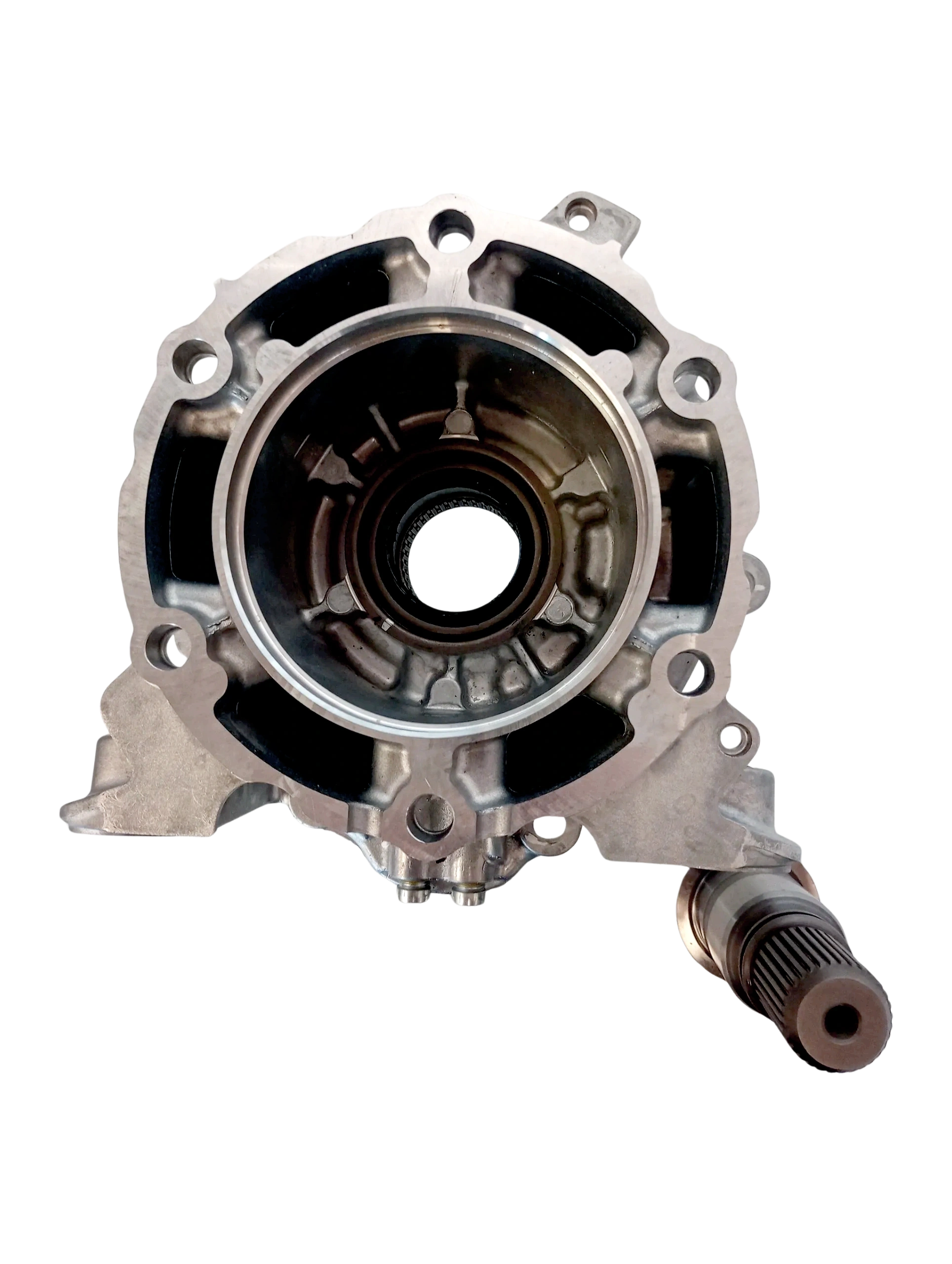 Wicked Wrench Motorsports 8L90 fourbyfour transmission conversion kit showing internal tailhousing layout and output shaft profiling on a shop bench