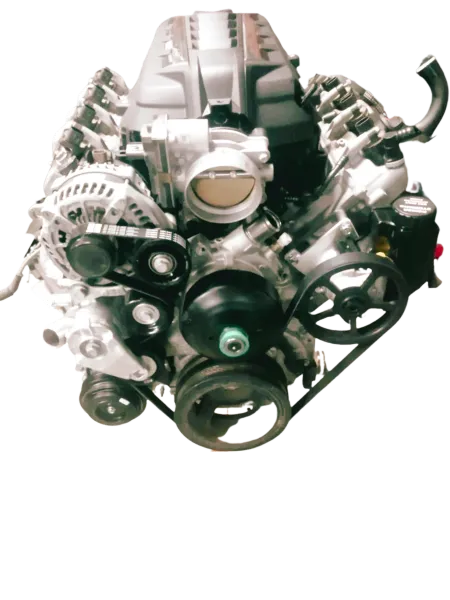 Wicked Wrench Motorsports Gen V LT1 engine front view showing the factory accessory drive pulley layout and water pump
