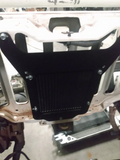 Wicked Wrench Motorsports heavy duty power steering cooler bracket back view mounted behind the grille of a Jeep Wrangler TJ or LJ chassis
