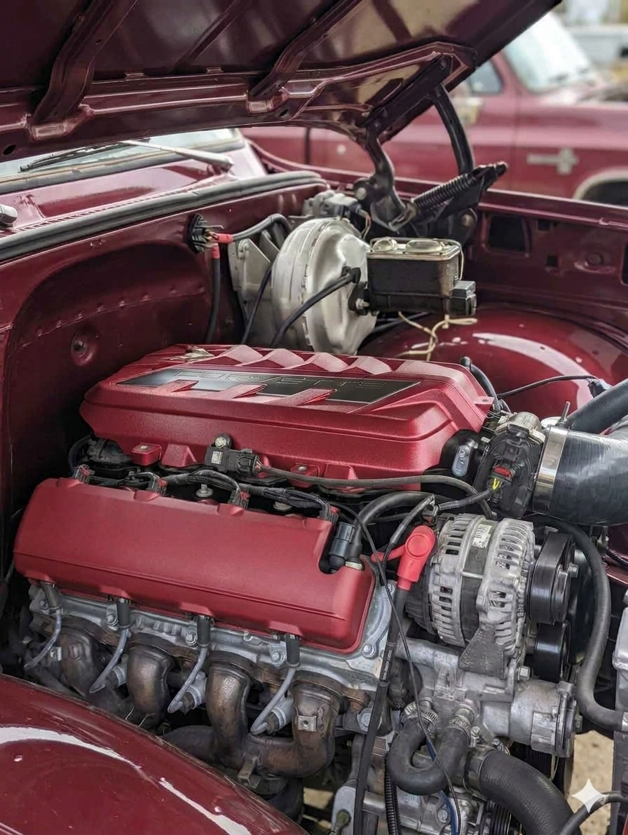 Wicked Wrench Motorsports custom Gen V LT2 engine swap with red intake manifold and matching valve covers inside a maroon classic squarebody truck engine bay